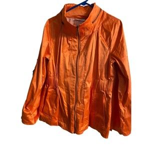 JH Collectible Satin Orange Jacket Womens Sz L Full Zip Roll Sleeve Hidden Hood